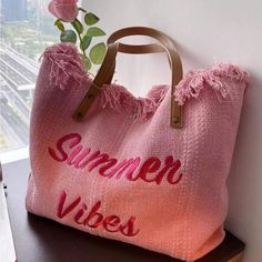 Embroidered Summer Vibes Bag Canvas Oversized Summer Totes, Pink Travel, Tas Bahu, Canvas Beach Bag, Mommy Bag, Embroidered Tote, Pink Tassel, Tassel Bag, Gym Bags