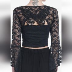 This Lined Lace Number Is Quite Beautiful. It'is Nwt. Serious Blouse Here ! I'im Impressed With The Quality, Should Last, If Washed In Bra Bag. I Have Many Sizes, No Small. Partially Lined On Lower Area. Top Of Chest Down, Not Butterfly On Back Or Arms, But Lower On Back Has That Hook Bustier Closure Down Front 90% Poly 10% Spandex. Lining Is 100% Polyester (Lining Is Black Shown, See Tag From Hot Topic Outlet. Measurements Medium Measures 16 Almost Under Pits (15.8) Unstretched 15 In Waist 24 I Gothic Lace Tops For Fall, Gothic Lace Top For Fall, Cropped Fall Party Tops, Cropped Tops For Fall Parties, Fall Party Cropped Tops, Cropped Lace Top For Party, Fitted Gothic Cropped Crop Top, Spring Lace Crop Top For Night Out, Fitted Cropped Tops For Club