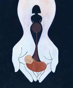 a painting of a person holding a baby in their hands with the silhouette of a woman on top of them