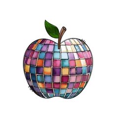 an apple made up of many different colored tiles and a green leaf on the top