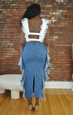 High waist Bodycon fit Side ruffles Distressed cut design Back split 80% Cotton 17% Polyester 3% Spandex Generous 4 way stretch Model is wearing a small Runs large Denim Maxi, Denim Maxi Skirt, Cut Design, Distressed Denim, Ruffles, Maxi Skirt, High Waist, Split, High Waisted