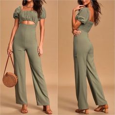 New With Tag Last 1- Out Of Stock Online Originally $84- Offer Me! Lulu’s Exclusive! What A Chic, Adorable Jumpsuit! Lightweight Woven Fabric Shapes This Jumpsuit With Elastic Square Neckline & Gathered Bodice (With Smocking At Back) All Framed By Princess Puff Sleeves. A Fitted, Cutout Waist Falls To Relaxed, Tailored Pant Legs. Festival, Anthropologie, Mothers Day, Wedding, Spring/Summer/Fall/Winter, Birthday, Easter, Graduation, Valentine,Christmas, Brandy Melville, Baublebar, Sister, Bridesm Casual Solid Jumpsuits And Rompers For Date Night, Green Fitted Short Sleeve Jumpsuit, Solid High Waist Jumpsuits And Rompers For Day Out, Green Jumpsuits And Rompers For Brunch, Solid Color High-waist Jumpsuits And Rompers For Day Out, Solid Color Short Sleeve Jumpsuit For Date Night, Fitted Green Jumpsuit, Fitted Jumpsuits And Rompers For Spring Date Night, Casual Fitted One-piece Jumpsuits And Rompers