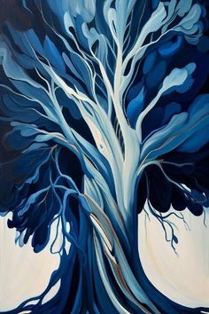 a painting of a blue tree with white branches