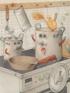 a drawing of pots and pans on the stove with faces painted on them,