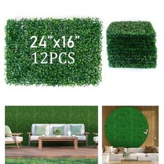 four different views of a living room with artificial grass covering the walls and sofas