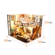 the floor plan for a dollhouse with stairs and living room in one corner, bedroom on the other