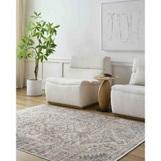 a white living room with two chairs and a rug