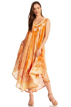 Features embroidered floral pattern at neckline and bottom hem, with handmade wash and pattern with a comfortable draped fit. Lightweight rayon fabric makes this dress also a great coverup for the beach or any occasion. Sleeveless Embroidered Sundress, Bohemian Orange Sleeveless Dress For The Beach, Bohemian Orange Sleeveless Beach Dress, Sleeveless Embroidered Dress For Vacation, Orange Sleeveless Flowy Maxi Dress, Orange Bohemian Sleeveless Maxi Dress, Orange Flowy Sleeveless Sundress, Flowy Orange Sleeveless Sundress, Embroidered Sleeveless Sundress For Beach