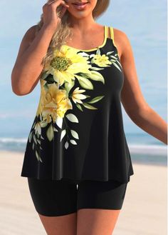 Size:2X;Size:3X;Size:1X;Color:Yellow;Pattern Type:Sunflower;Bottom Type:Shorts;Color Scheme:Yellow;Season:Summer;Style:Vacation;Occasion:Beach;Package Contents:1 X Top , 1 X Shorts;Washing Instructions:Hand Wash;Composition:82% Polyester, 18% Spandex;Strap Style:Adjustable;Pad Style:Removable;Bra Style:Padded;Support:Wire Free; Yellow Tankini, Sport Bathing Suit, Elegant Tank Tops, Tank Top And Shorts, Short Noir, Plus Size Tankini, Printed Tankini, Womens Tankini, Two Piece Swimwear