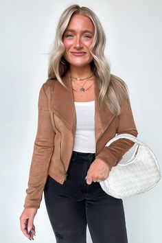 Details: Zip up and hit the road with our Brynlee Faux Suede Moto Jacket. This stylish and durable jacket features a soft faux suede material and a convenient zip up design for easy wear. Perfect for adding a touch of edge to any outfit. Rev up your wardrobe with this must-have jacket! - Faux suede - Moto style Content: 95%POLYESTER 5%SPANDEX Size + Fit: Model is 5'8" and wearing a Small - Measurements from a size Small are approx - Full length: 21.5" - Chest: 38" - Waist: 34" - Sleeves: 23" Bra Fall Suede Leather Jacket With Zipper, Fall Suede Leather Jacket With Zipper Closure, Suede Leather Jacket With Zipper For Fall, Casual Suede Biker Jacket, Casual Suede Biker Jacket For Fall, Suede Outerwear With Zipper Closure, Suede Outerwear With Zipper And Long Sleeves, Suede Outerwear With Zipper Closure And Long Sleeves, Casual Suede Outerwear With Zipper Closure