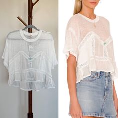 New Free People Fall In Love Tee In White/Ivory - Size Xs. Oversized Fit. Ruffle, Lace, & Dainty Flower Detail. Lightweight And Sheer Cotton/Polyester Blend. Bottom Ruffle Is 100% Cotton. Excellent Condition, New With Tags. Measurements Laying Flat: 21" Armpit To Armpit 11" Sleeve 23" Length Cream Crew Neck Top For Day Out, Trendy Crew Neck Tops For Daywear, Chic Relaxed Fit Off White Top, White Crew Neck Top With Lace Trim, White Crew Neck T-shirt With Lace Trim, Casual Cream Tops For Layering, White Lace Trim Crew Neck Top, Off White Short Sleeve Top For Daywear, White Ruffled T-shirt For Spring