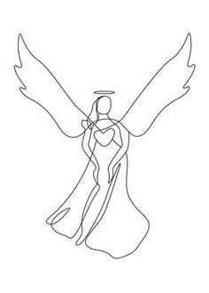 the continuous line drawing of an angel holding a heart in his hands, with wings spread out