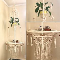 three pictures of a plant in a pot and a macrame hanging from the ceiling