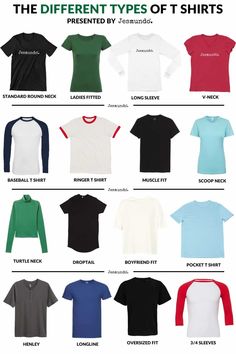 different types of t-shirts Tshirt Color Ideas, Types Of Shirts For Women With Names, Types Of Tshirt Women, Different Types Of Shirts Men, Shirt Types Chart, Types Of T Shirts For Women, T Shirt Names Ideas, Types Of T Shirts Men, Winter T Shirts For Women