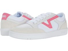 Vans Lowland CC - Shoes : (Court) True White/Pink Lemonade : New for this season, the Vans Leather Lowland CC is a 90's retro skate-inspired silhouette that features a slim profile and a ComfyCush outsole. Made with sturdy leather uppers and carrying a heritage Flying-V Vans logo, this style has a familiar, but exciting, new look. Traditional lace-up closure. Vulcanized outsole. Imported. Measurements: Weight: 10 oz Product measurements were taken using size Men's 8.5, Women's 10, width Medium. Vans Lowland Cc, Vans Lowland, Cc Shoes, Flying V, Vans Logo, Pink Lemonade, Hummel Sneaker, Product Reviews, Lemonade