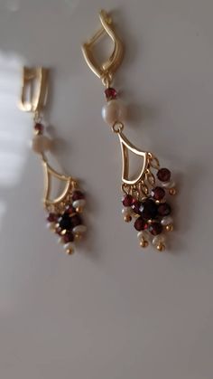 Garnet Earrings Gold-garnet & Freshwater Pearl - Etsy Handmade Dainty Gold-plated Pearl Earrings, Handmade Briolette Pearl Earrings For Gift, Elegant Garnet Drop Earrings, Elegant Pearl Earrings With Dangling Beads For Gift, Elegant Dangling Beads Earrings For Gift, Elegant Garnet Briolette Earrings, Elegant Briolette Garnet Earrings, 14k Gold Filled Drop Chandelier Earrings As Gift, Delicate Gold Earrings With Dangling Beads