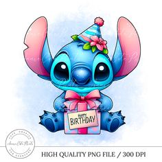 a cute little blue cartoon character holding a birthday card with the words, high quality png file / 300p