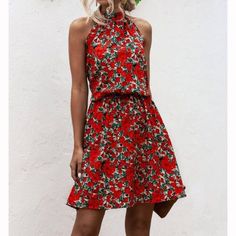 Brand New Never Worn Red A-line Floral Dress For Summer, Elegant Red Floral Midi Dress, Red A-line Mini Dress For Holiday, Chic Red Mini Dress For Vacation, Red Floral Dress For Spring Party, Red Floral Spring Party Dress, Red Floral Print Knee-length Midi Dress, Red Floral Print Knee-length Dress, Red Floral Print Midi Dress For Party