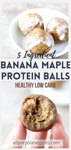 banana maple protein balls with white icing on top and the words, 5 ingredients