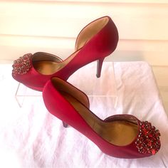 Nine West Nwot Women‘s 8m Red Satin Peep-Toe Dressy High Heels With Rhinestone Detail. Heel Height: 4 Inches Red Satin, Nine West Shoes, Nine West, Heel Height, High Heels, Buckle, Satin, Heels, Red