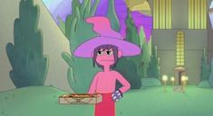 a cartoon character wearing a pink hat and holding a piece of pizza in her hand