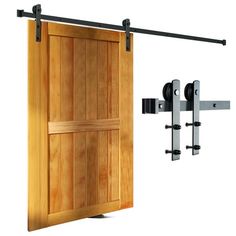 an open wooden door with two black brackets on each side and a metal bar to the other side