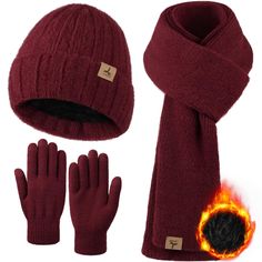 PRICES MAY VARY. Package Includes - Keep cozy and fashionable with LOROME wine red 3-piece winter hats for women set, consisting of 1 winter hat, 1 winter scarf, and 1 pair of thick cuff winter gloves. Perfect for women looking to stay stylish during the cold season. Comfortable Material - Made from high-quality cashmere material, our winter hats, women winter scarf, and womens winter gloves offer a soft and skin-friendly experience. The womens winter hats are lined with plush fabric to enhance Thick Winter Hats For Cold Weather, Solid Color Wool Beanie For Winter, Fitted Acrylic Hats For Winter, Fitted Acrylic Winter Hat, Fitted Solid Color Beanie For Winter, Red Knitted Beanie For Winter, Red Knitted Winter Beanie, Fitted Winter Outdoor Hat, Winter Sports Hats For Winter