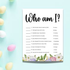 a printable who am i? game with flowers and eggs