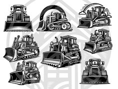 a set of black and white illustrations of different types of bulldozers or tractors