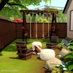 an animated view of a backyard with seating and trees in the background, including a pergolated area