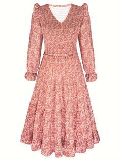 Plus Size Romantic Dress, Women's Plus Ditsy Floral Print Ruffle Trim Flounce Sleeve V Neck Maxi Dress Fitted V-neck Boho Dress With Ruffles, Pink Tiered Dress For Fall, Bohemian Ruched Knee-length Dress, Bohemian Knee-length Ruched Dress, Fall Vacation Dresses With Ruffles, Spring Long Sleeve Prairie Dress With Ruffle Hem, Spring Long Sleeve Boho Dress With Ruffles, Elegant Spring Boho Dress With Ruffles, Spring Boho Dress With Ruffles And Long Sleeves