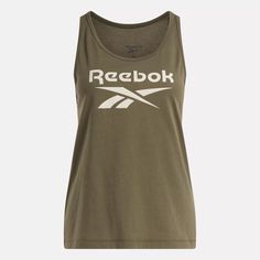 Wear your Reebok pride front and center. This women's training tank top features a bold Vector logo to go with your sporty style. The single jersey cotton has a breezy feel that keeps you comfy through light workouts and long, lazy afternoons. Summer Sports Tank Top With Logo Print, Sporty Summer Tank Top With Logo Print, Sports Sleeveless Tank Top With Logo Print, Sleeveless Sports Tank Top With Logo Print, Sleeveless Sports Tank Top With Logo, Sporty Sleeveless Tank Top With Logo Print, Sports Tank Top With Letter Print, Sporty Cotton Athletic Fit Tank Top, Sporty Athletic Fit Cotton Tank Top