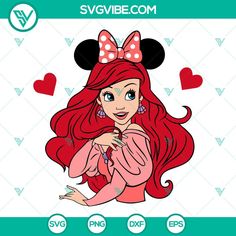 disney princess ariel the little mermaid with red hair and pink bow, in front of hearts