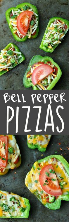 bell pepper pizzas with broccoli, tomatoes and cheese on them are ready to be eaten