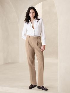 Double Weave Suiting Pant | Banana Republic Factory Classic Fitted Neutral Bottoms, Classic Neutral Dress Pants For Work, Neutral Fitted Dress Pants For Business Casual, Fitted Neutral Dress Pants For Business Casual, Fitted Neutral Pants With Welt Pockets, Elegant Relaxed Fit Elastane Pants, Formal Fitted Neutral Pants, Classic Neutral Pants For Office, Classic Neutral Bottoms For Office