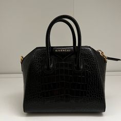 Barely Used, Looks Brand New Black Leather Satchel With Crocodile Pattern, Luxury Rectangular Satchel With Crocodile Pattern, Luxury Everyday Black Satchel With Top Carry Handle, Black Crocodile Pattern Satchel For Business, Luxury Satchel With Crocodile Pattern Tote, Luxury Formal Satchel With Crocodile Pattern, Luxury Crocodile Pattern Tote Satchel, Luxury Leather Bag With Crocodile Pattern, High-end Leather Bag With Crocodile Pattern