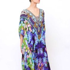 Brand - Shahida Parides One Size Fits ( 2-14 ) Usa Size Kaftan Dress Multi Wear 3 Ways To Different Style Shahida Long Kaftan Dress Convertible Kaftan One Of 3 Ways For Style You'll Love! Versatility Ensures You'll Never Be Bored Of This V-Neck Lace Up Kaftan! - V-Neck, Halter, Off-The-Shoulder Neckline Handmade Kaftan - Approx. 58”-60" Long Kaftan - Viscose Silk Crepe Kaftan Dress Women's Caftan Dress_long_caftan_for_women Bohemian Embellished Silk Kaftan, Spring Kaftan With Embellished Kimono Sleeves, Spring Embellished Kaftan With Kimono Sleeves, Elegant Multicolor Kaftan With Kimono Sleeves, Bohemian Silk Embellished Maxi Dress, Elegant Embellished Multicolor Kaftan, Embellished Silk Kaftan For The Beach, Multicolor Embellished Maxi Length Kaftan, Multicolor Embellished Maxi-length Kaftan