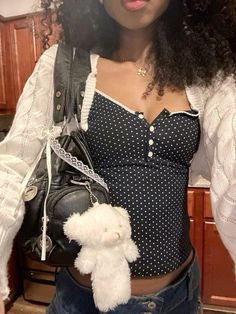 Nora Hawthorne Tube Top Outfit 90s, Brandy Melville Polka Dot Top, Lace Bow Aesthetic, Floral Lace Outfit, Brandy Melville Back To School Outfits, Outfits With Black Cardigan, Brandy Melville Bag, Brandy Melville Outfits Fall, Polkadots Outfits