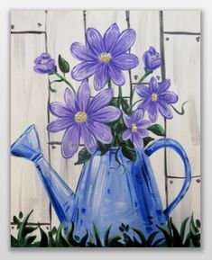 a painting of purple flowers in a blue watering can