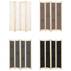 four panel room divider screen in natural wood and black fabric, set of 4