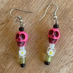 Ooak Halloween Day Of The Dead Pink & Black Skeleton Skull, Yellow Flowers. Handmade One Of A Kind Dangle Earrings. Super Cute! New! 4 Inches Long. Pink Dangle Jewelry For Halloween, Handmade Pink Jewelry For Halloween, Pink Skull Jewelry For Halloween, Pink Punk Halloween Jewelry, Novelty Pink Jewelry For Festival, Day Of The Dead Skeleton, Skeleton Flower, Black Skeleton, Skeleton Skull