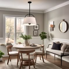 a dining room table with four chairs and a bench in front of a window that has potted plants on it