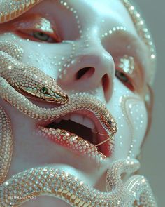 a woman's face covered in gold and white beads with snakes crawling around her