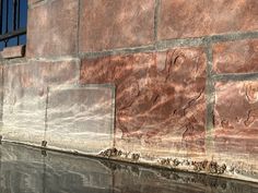 a brick wall with water reflecting on it and an iron fence in the back ground