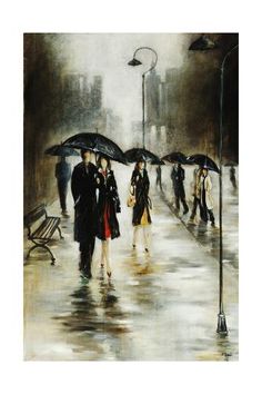 painting of people walking in the rain with umbrellas