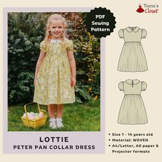 Exclusive patterns from the author of Tiana's Closet Sewing Patterns. Visit my blog for more ideas, sewing tips and free patterns: https://tianascloset.com/ The Lottie dress with Peter Pan collar and short puffed sleeves is a great design for occasions! Make it in beautiful print and your little girl is ready to be the center of the party! Main features of the Lottie dress: - Below the knee length - Relaxed fit with button closure at back (no zipper involved!) - Peter Pan collar - Short puffed s Girl Dress Sewing Pattern, Puff Sleeve Dress Pattern, Girls Dress Patterns, Lottie Dress, Unique Sewing Patterns, Toddler Dress Patterns, Natural Fiber Clothing, Baby Dress Pattern, Girls Dresses Sewing