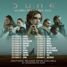 the poster for dune, which features actors from various countries and their respective roles in an upcoming sci - fi film