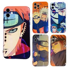 four cell phones with naruto characters painted on the front and back covers in different colors