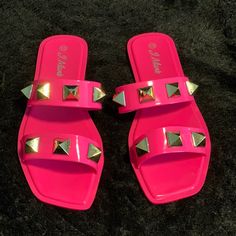 New J. Mark Flat Double Strap Pink Sandals With Gold Pointy Pyramid Shape Studs On Each Strap Never Worn, See Photos Trendy Pink Sandals For Vacation, Adjustable Pink Jelly Sandals For Beach, Pink Synthetic Sandals For Vacation, Pink Adjustable Jelly Sandals Casual Style, Pink Open Toe Jelly Sandals For Party, Pink Open Toe Flip Flops For Vacation, Pink Open Toe Flip Flops For Summer, Casual Adjustable Pink Jelly Sandals, Pink Open Toe Flip Flops For Beach