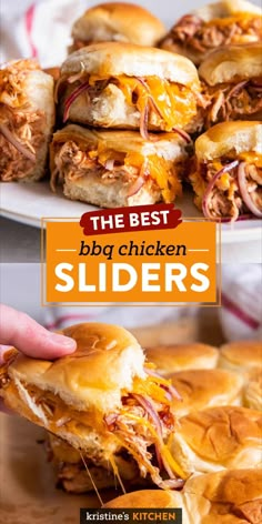 the best bbq chicken sliders with cheese and onions are on a white plate